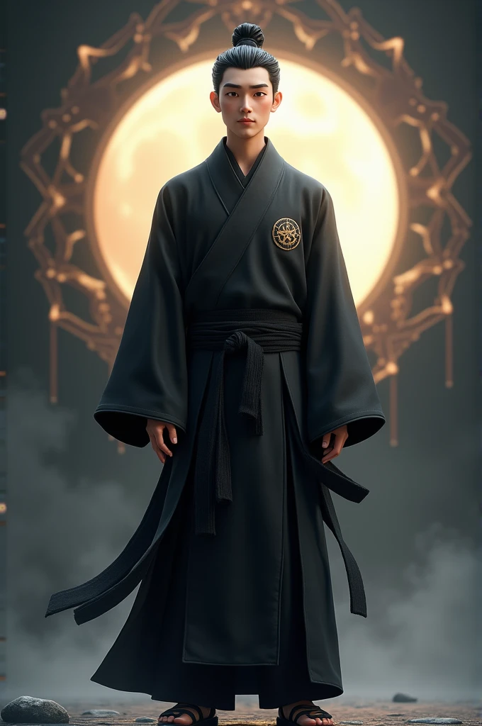 3D animation 23 year old male，Ancient black Taoist robe，Eyebrows，Straighten the bridge of your nose，Thin lips，Slender figure