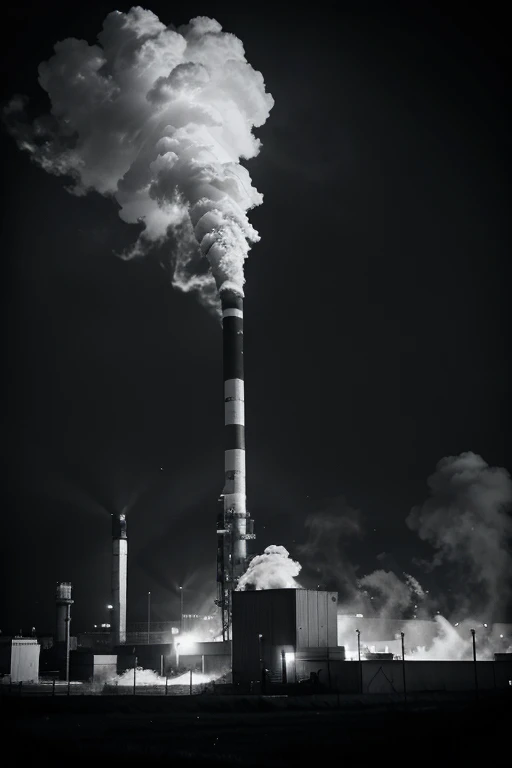 4k black and white high contrast photography, factory with a (large intense red chimney), Smokes,