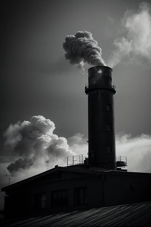 4k black and white high contrast photography, factory with a (large intense red chimney),  Smokes, 
