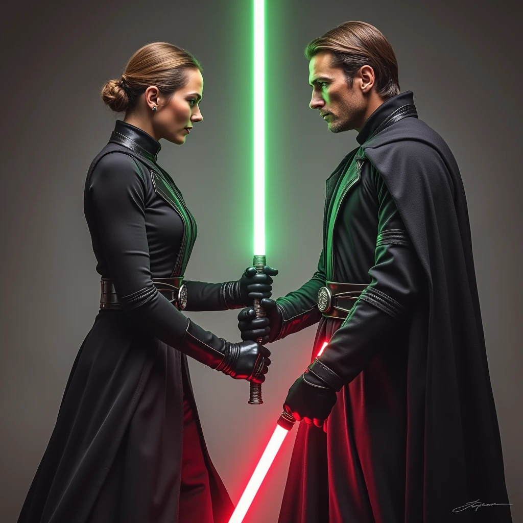 A duel between a female Jedi Master and a male Sith Master
