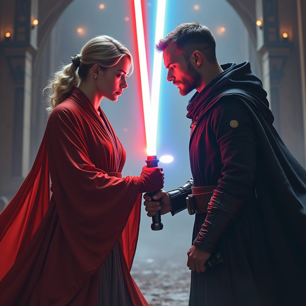 A duel between a female Jedi Master and a male Sith Master