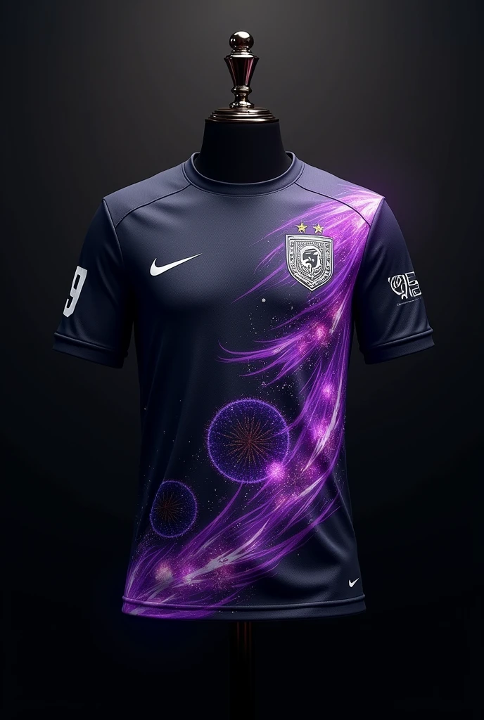 Make a soccer jersey ,On the left side is printed Nike and on the right side a shield written 9B on a hanger with a black background,  with a Nike printed design and a very detailed Danoninho design with purple fireworks detailed with black and many more very detailed and realistic phoenix things 