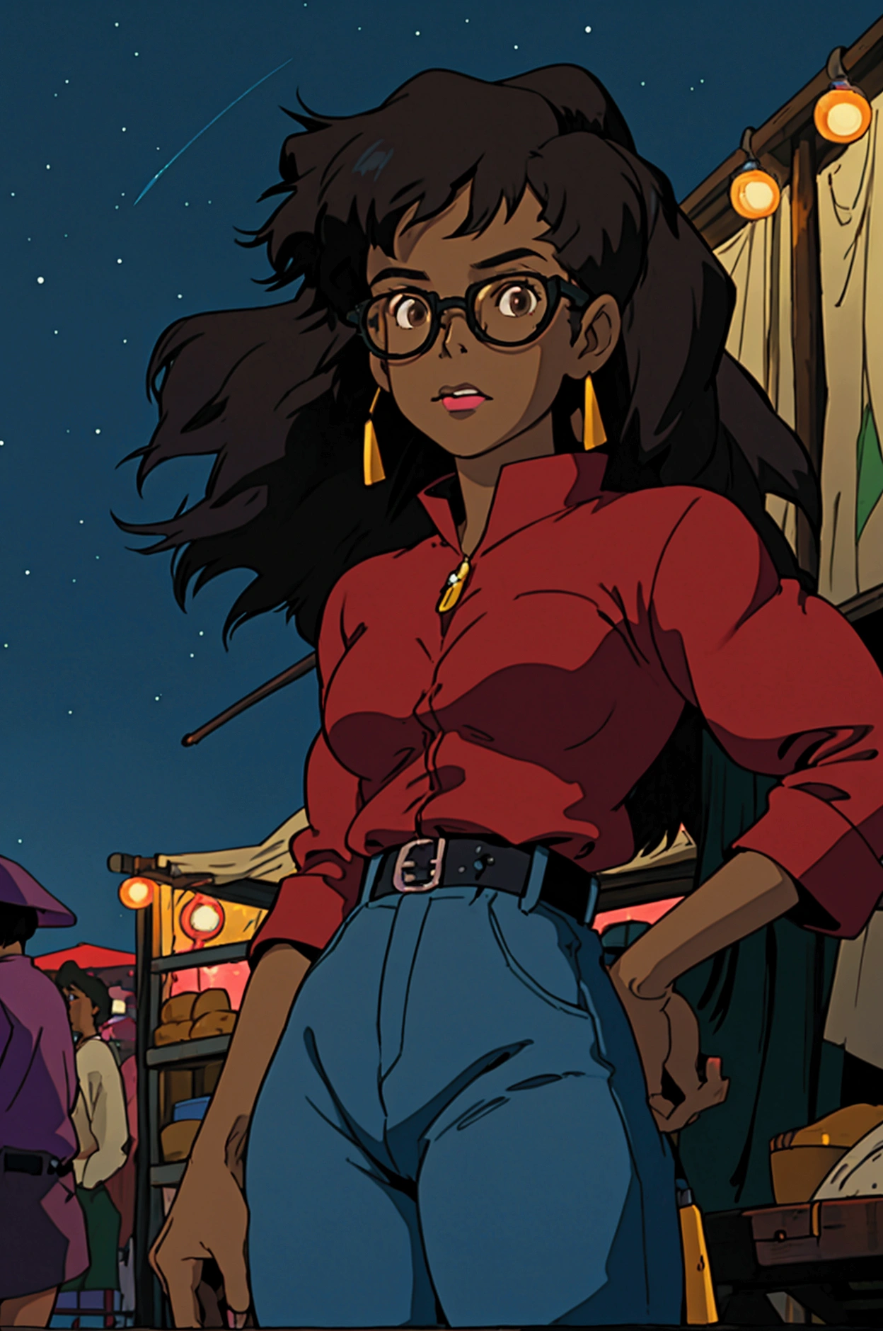 cowboy bebop, black female character, dark skinned, black girl, 20, long hair, brown eyes, blue light, wearing Ralph lauren,red glasses, Night market under a starry sky, spirits peddling wares, echoing spirited-away vibes.
