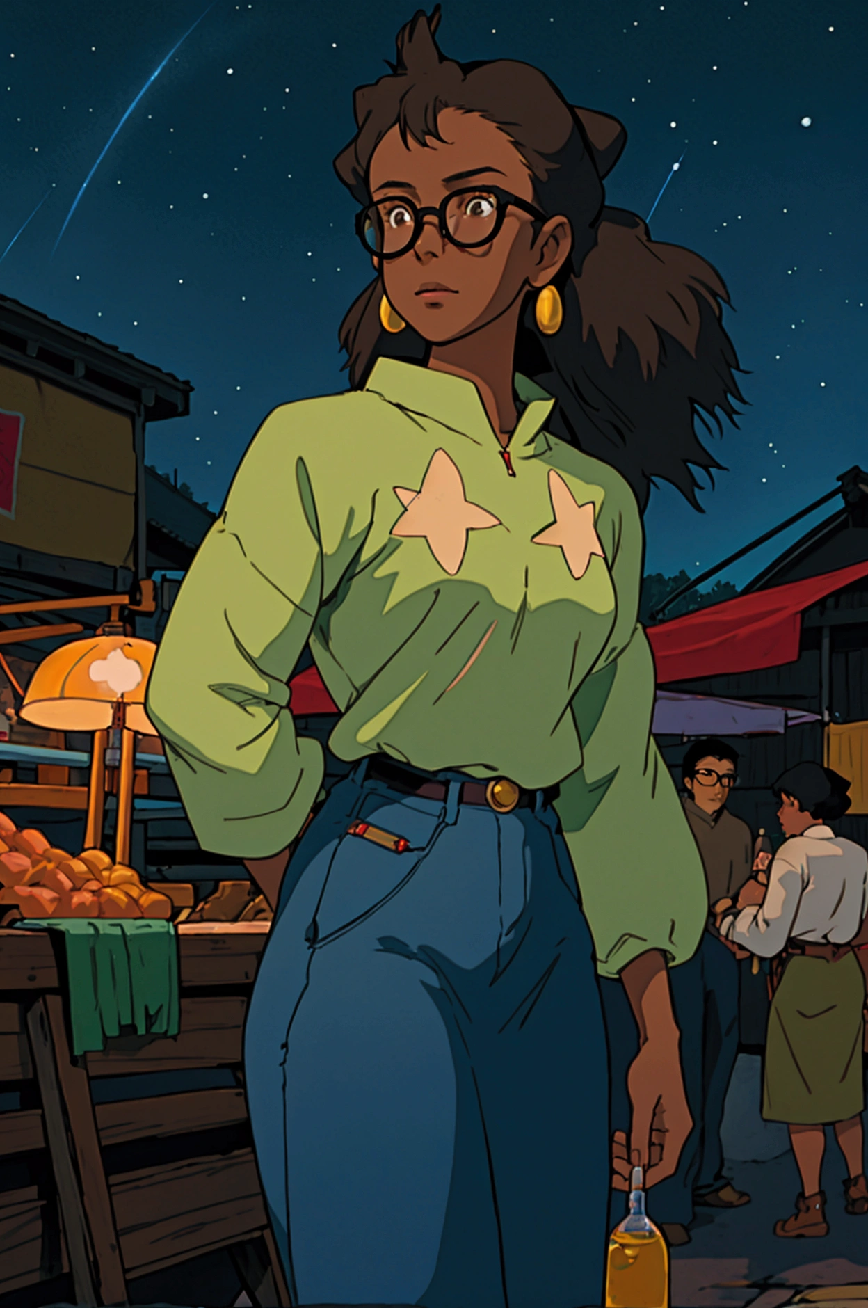 cowboy bebop, black female character, dark skinned, black girl, 20, long hair, brown eyes, blue light, wearing Ralph lauren,red glasses, Night market under a starry sky, spirits peddling wares, echoing spirited-away vibes.