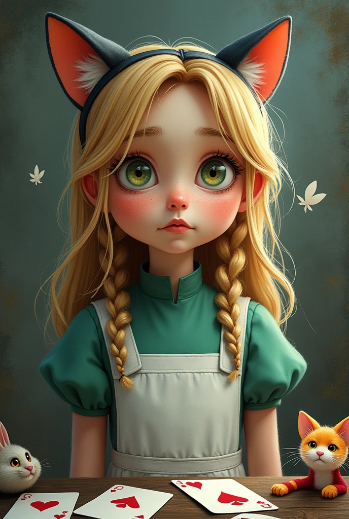 Draw a full-body portrait of Alice in Alice in Wonderland to capture a moment of deep contemplation. Her expression should be a mixture of curiosity and a hint of unease, as if she is deeply questioning reality and her place in it. Her large eyes should be wide open, reflecting a surreal world surrounded by playing cards. A smiling Cheshire cat, a clock, the Queen of Hearts, a caterpillar, a white rabbit, playing cards, inside Wonderland, etc. Lighting should be soft yet dramatic, casting gentle shadows that emphasise the depth of her thoughts. Her hair is slightly dishevelled, as if she has been on a long journey, and her iconic green catsuit is slightly slanted, adding to the pensive feel. The colour palette is a mix of soft pastels and dark, introspective tones, creating a balance between innocence and the complexity of her thoughts.