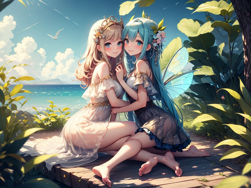 (masterpiece、Highest quality、Highest quality、Beautiful and beautiful:1.2)、Two little fairies、Get excited、Semi-transparent colorful hair、Round and beautiful eyes、Cute Smile、barefoot、Hold the ball and touch it、Chiffon hot pants、Pure、charm、Wide blue sky、Nature、Fantasy art