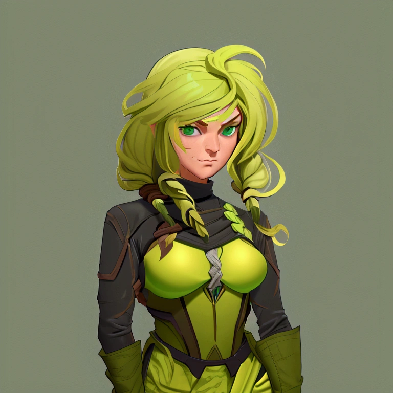 concept art, European and American comics, game character design, RPG Fantasy Game Characters, solo, 20-year-old European woman, golden hair, long hair, braid (((Lime green fabric combat suit))),white background, Brown eyebrows ,holding a bow,black eye, Focused on the upper body, Make your face look bigger,((Draw only up to the waistline))), (((Zoom in so the face is clearly visible))), (((Focused on the upper body))), Lime green short-sleeved top, A cloak with a hood, Brown corset, Lime green gloves, Brown waist belt, The belt buckle is lime green, Short lime green skirt, holding a bow, Wearing a quiver,