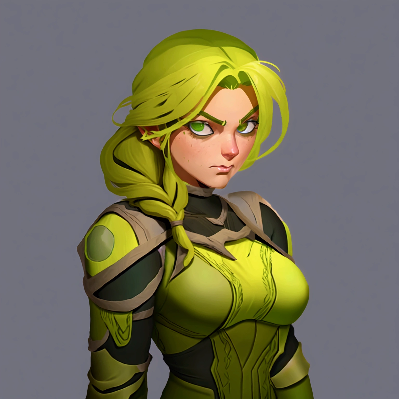 concept art, European and American comics, game character design, RPG Fantasy Game Characters, solo, 20-year-old European woman, golden hair, long hair, braid (((Lime green fabric combat suit))),white background, Brown eyebrows ,holding a bow,black eye, Focused on the upper body, Make your face look bigger,((Draw only up to the waistline))), (((Zoom in so the face is clearly visible))), (((Focused on the upper body))), Lime green short-sleeved top, A cloak with a hood, Brown corset, Lime green gloves, Brown waist belt, The belt buckle is lime green, Short lime green skirt, holding a bow, Wearing a quiver,
