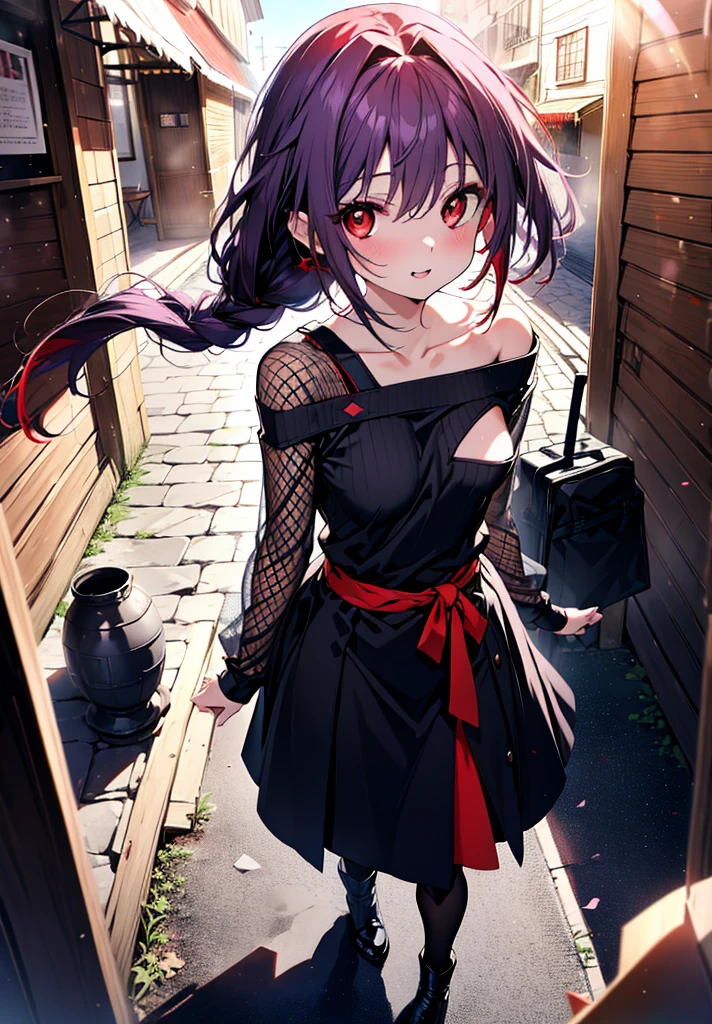 yuukikonno, Yuuki Konno, hair band, Long braids, Pointed Ears, Purple Hair, (Red eyes:1.5), (Small breasts:1.2),smile,blush, Open your mouth,One-shoulder sweater,Glasses,Long skirt,Black pantyhose,short boots,Walking,whole bodyがイラストに入るように,
break looking at viewer, whole body,
break outdoors, In town,
break (masterpiece:1.2), Highest quality, High resolution, unity 8k wallpaper, (figure:0.8), (Beautiful attention to detail:1.6), Highly detailed face, Perfect lighting, Highly detailed CG, (Perfect hands, Perfect Anatomy),