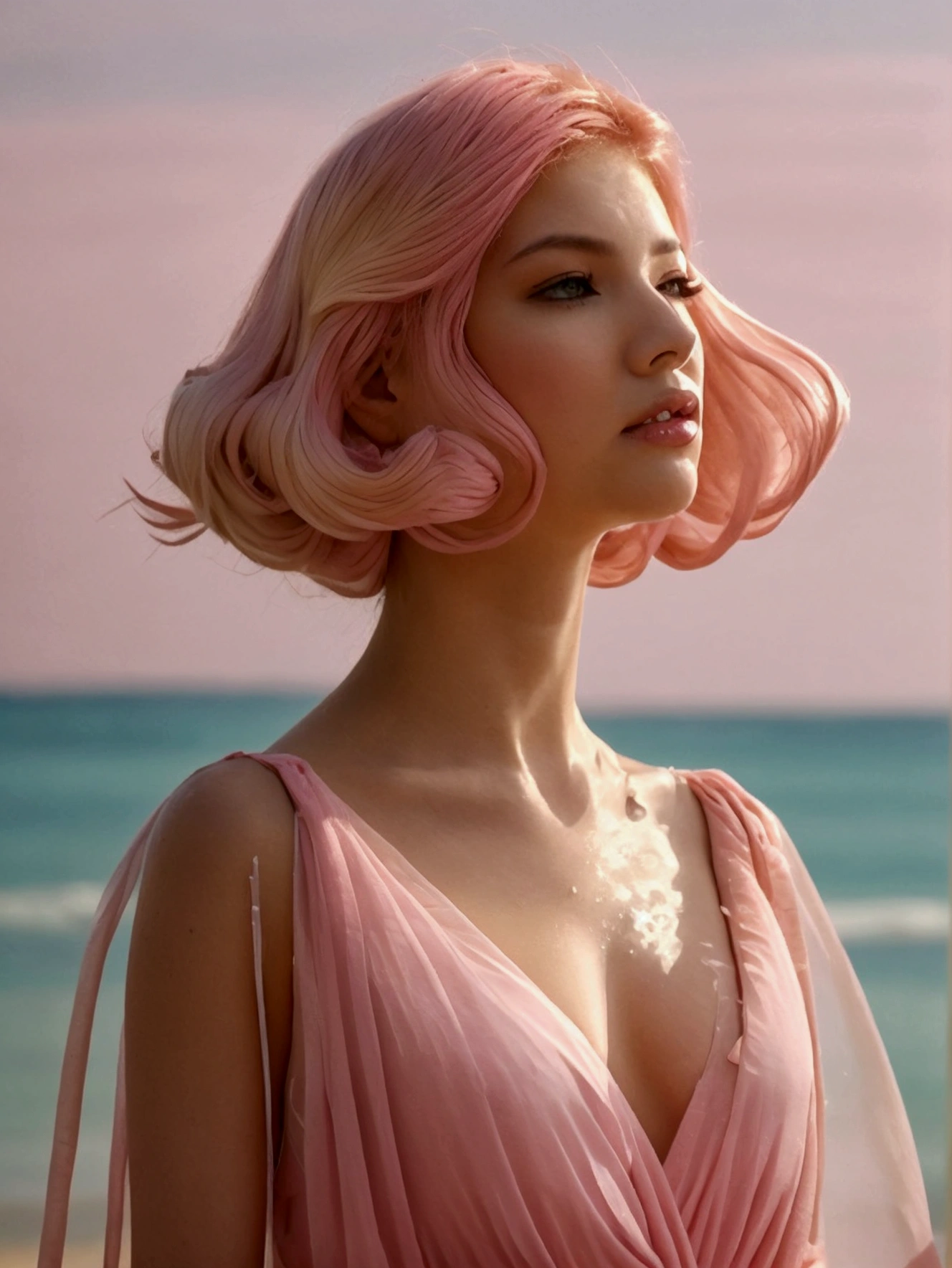 "Capture a high-definition close-up of an elegant woman standing on a serene beach, bathed in soft sunlight. She is wearing a chic pastel pink summer dress that drapes gracefully, complementing her delicate pink skin tone. Her short, flowing pink hair glistens with ethereal, subtle pink flames, creating a striking contrast with her serene surroundings. Her soft, pastel makeup beautifully highlights her refined features. The entire image is suffused with a harmonious pink hue, blending realism and dreamlike artistry. The beach serves as a blurred backdrop, allowing the focus to remain on her, evoking a sense of tranquility and beauty."