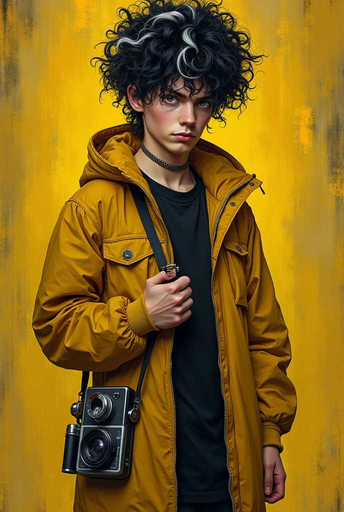 A rebellious teenage boy, big and curly hair, black with white highlights. dark brown eyes. long clothing, yellow and black in color. with a camera, polaroid, and a Zippo lighter.