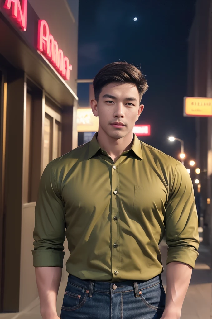 (armface:1.3) , Handsome young man standing, (have a mustache:0.8) , (short hair:1.2), The forearms are muscular., (Collared shirt with buttons:1.2), (Olive colored shirt:1.2),Jeans, Big muscles, Handsome and muscular, full body angle, (In front of the department store:1.1), , (nighttime:1.3), Neon lights