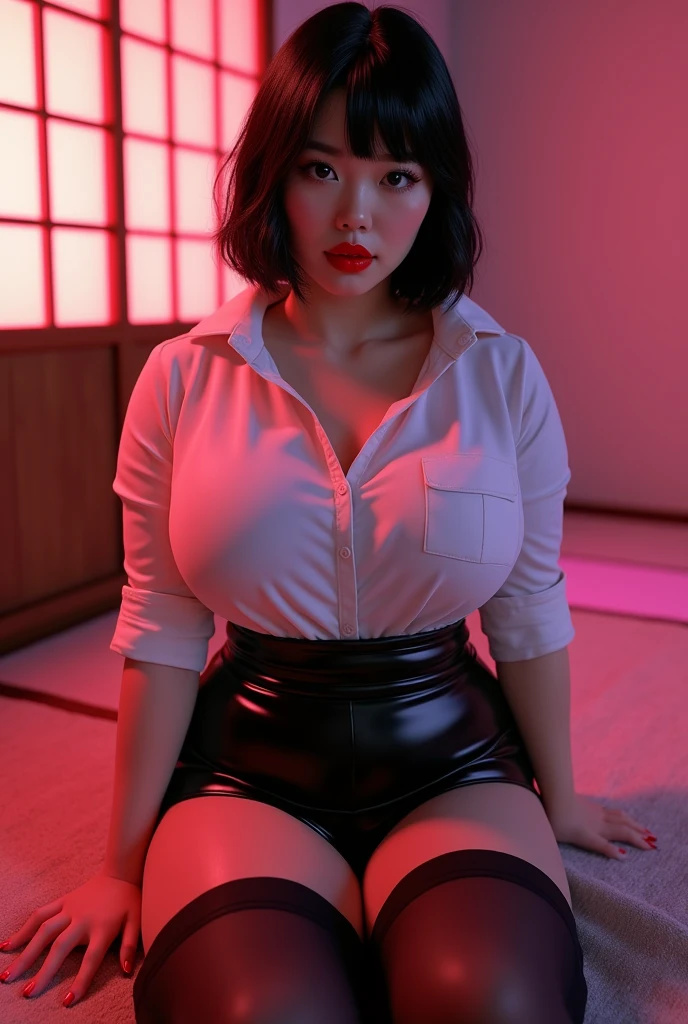 ((Japanese sexy idol)) 35 talents ((Plump, bright red lips with lipstick)) round face Big Breasts Plump ((Black short hair)) ((Looking into the camera)) Sit with your legs apart ((White button-up shirt with black patent leather tight skirt and black stockings)) Sweaty skin 布団の上にSit with your legs apart look down ((A bedroom with shoji and tatami mats lit up in pink neon lights))