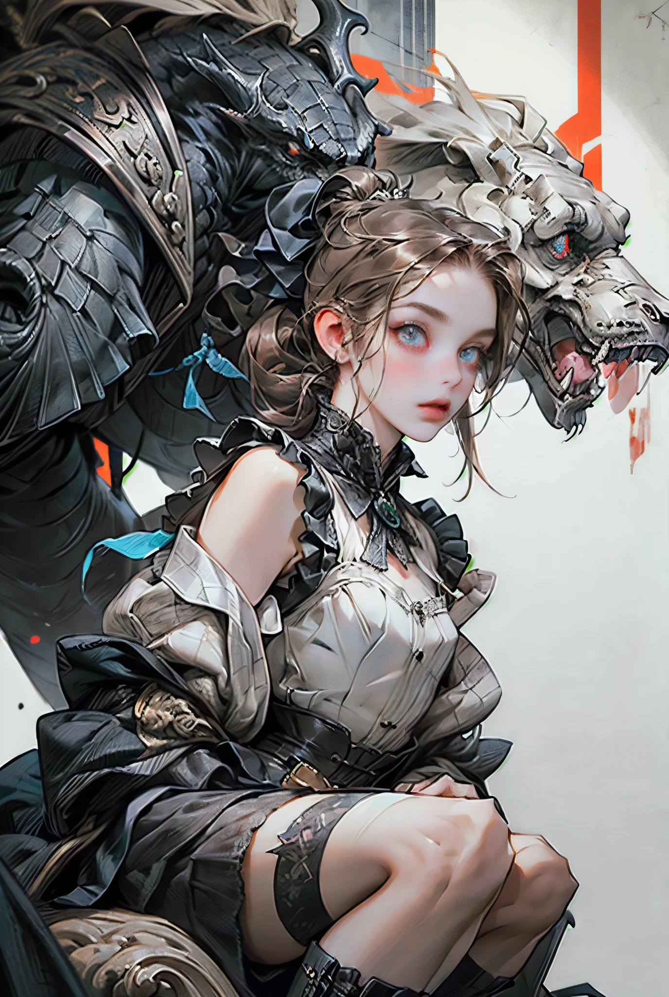 ((best quality)), ((masterpiece)), (detailed), perfect face, hand drawn style, hand painted style, watercolour, sketch, a knight, white background, plain background, Bloodborne inspired, tatty Bloodborne attire, occult aesthetic, occult, tatty red and white clothing detailed and intricate steampunk and detailed gothic lolita (with a hood), long coat, (thigh high flared socks), Complex laced boots, Fluttering lace flared long knee length dress with frilly petticoats, long dress, knee length dress, pleated petticoats, lolita dress, petticoats gothic lolita aesthetic, small breasts, (flat chest:1.1), (((( Highly detailed face))), small thin nose, Small thin lips mouth, (((Very sharp focused eyes))), very long eyelashes, ((dark hair)), ((ponytail, thick ponytail, heavy ponytail)), white background, Very dramatic and cinematic lighting, tatty damaged old red and white clothing, full body, whole body, body, cosmic horror, grim dark