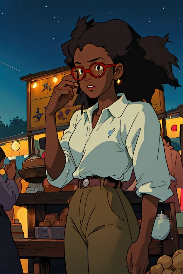 cowboy bebop, black female character, dark skinned, black girl, 20, long hair, brown eyes, blue light, wearing Ralph lauren, red glasses, setting is a Night market under a starry sky, spirits peddling wares, echoing spirited-away vibes.