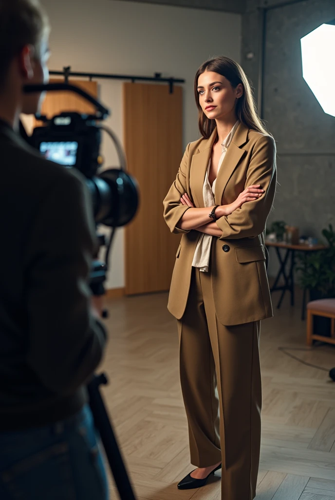 A woman is creating fashion content in front of the camera.