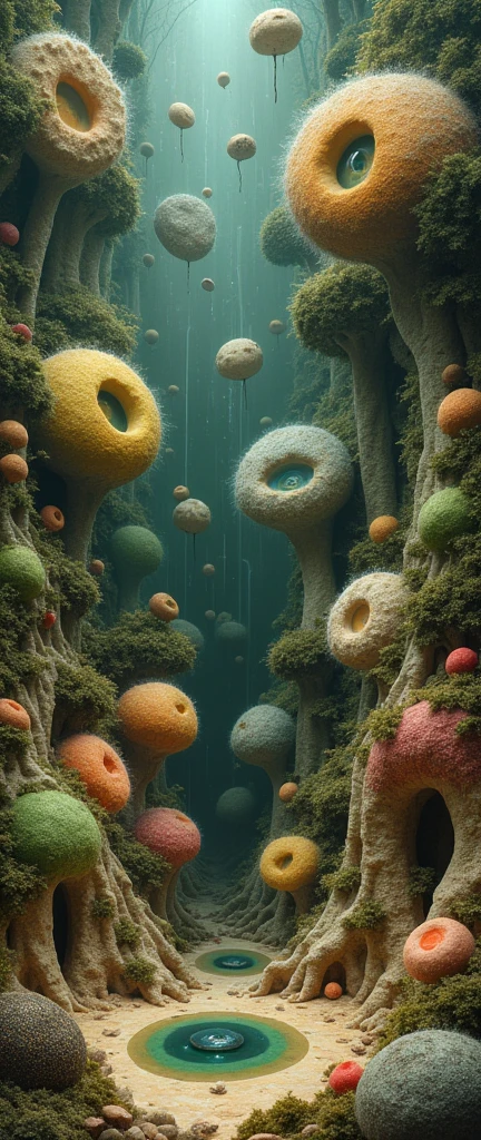 Minimalist Creature-Cells inspired on Garden of the Earthly Delight by Bosch, a macro view of creatures living into an ecosystem made of soft textures of minerals and macroscopic flora ecosystem life-forms, cells cavities full of living creatures with cute tiny eyes, in nature of Garden of the Earthly Delights by Bosch. Cells with different textures creatures made of: liquid, hairy, stone, moss, particles and amoebas