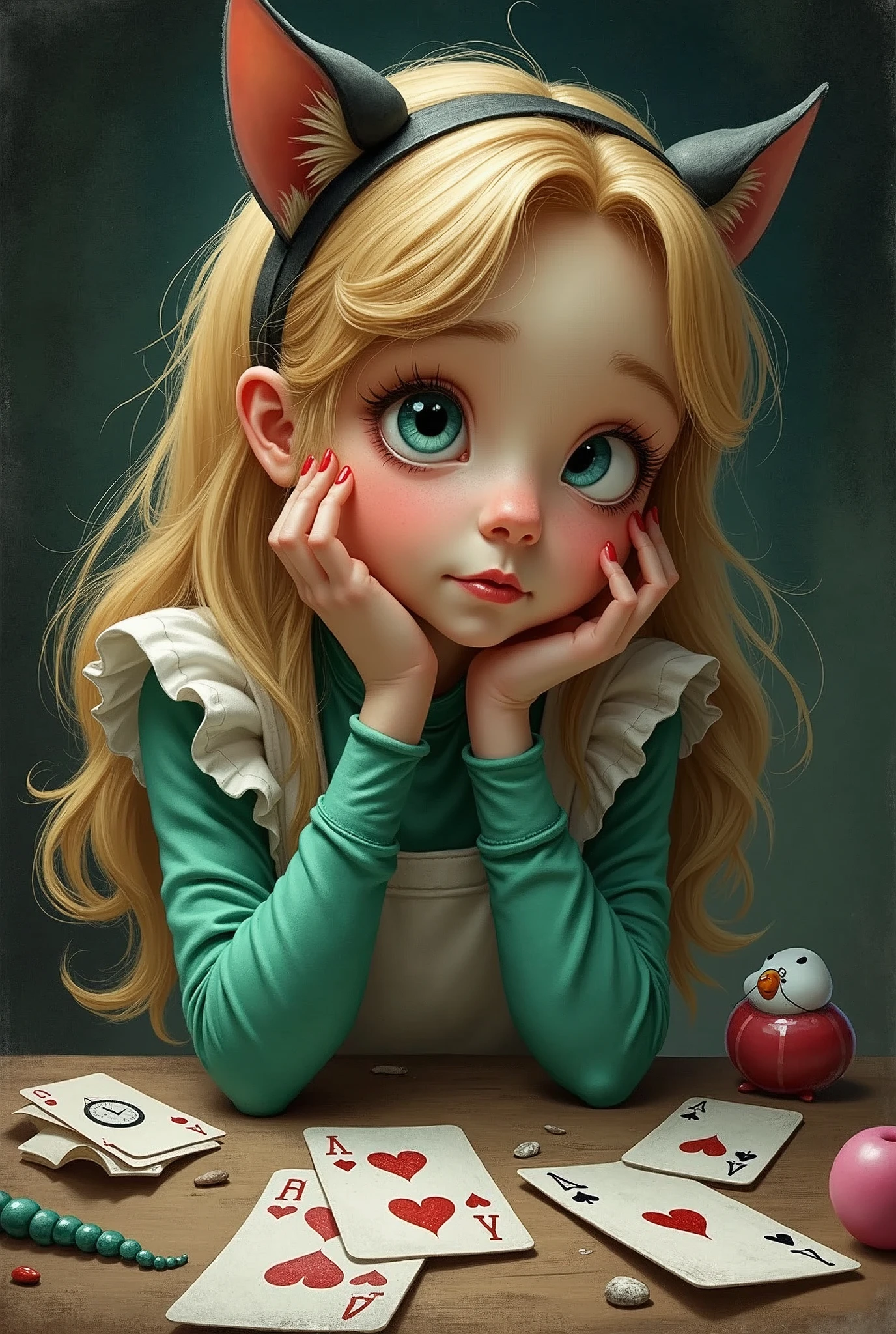 Draw a full-body portrait of Alice in Alice in Wonderland to capture a moment of deep contemplation. Her expression should be a mixture of curiosity and a hint of unease, as if she is deeply questioning reality and her place in it. Her large eyes should be wide open, reflecting a surreal world surrounded by playing cards. A smiling Cheshire cat, a clock, the Queen of Hearts, a caterpillar, a white rabbit, playing cards, inside Wonderland, etc. Lighting should be soft yet dramatic, casting gentle shadows that emphasise the depth of her thoughts. Her hair is slightly dishevelled, as if she has been on a long journey, and her iconic green catsuit is slightly slanted, adding to the pensive feel. The colour palette is a mix of soft pastels and dark, introspective tones, creating a balance between innocence and the complexity of her thoughts.