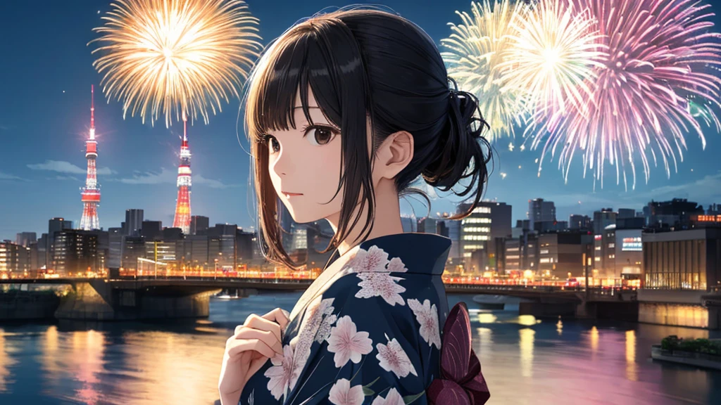 Shiraishi Mei, Looks exactly like Shiraishi Mei、solo、Chignon hairstyle、Time is night、Tokyo Tower in the background、Big fireworks、Oceanの方を向いている後ろ姿、Woman looking up at the sky ,Long Hair, Black Hair,, Photo from the side, Realistic, Highest quality, Detailed face, , Ocean, Embankment, Detailed Background,, Written boundary depth, Bokeh (Highest quality: 1.2), (masterpiece: 1.2), Watch Viewer, yukata ,Vision、(((Panorama:1.2)))
