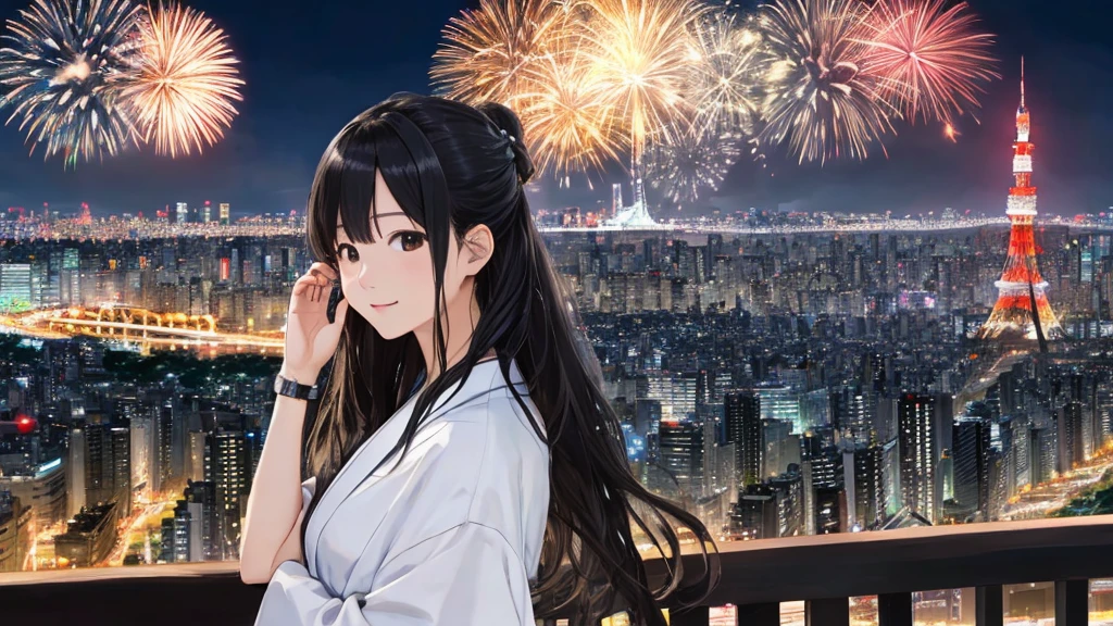 Shiraishi Mei, Looks exactly like Shiraishi Mei、solo、Chignon hairstyle、Time is night、Tokyo Tower in the background、Big fireworks、Oceanの方を向いている後ろ姿、Woman looking up at the sky ,Long Hair,  Black Hair,, Photo from the side, Realistic, Highest quality, Detailed face, , Ocean, Embankment, Detailed Background,, Written boundary depth, Bokeh (Highest quality: 1.2), (masterpiece: 1.2), Watch Viewer, yukata ,Vision、(((Panorama:1.2)))