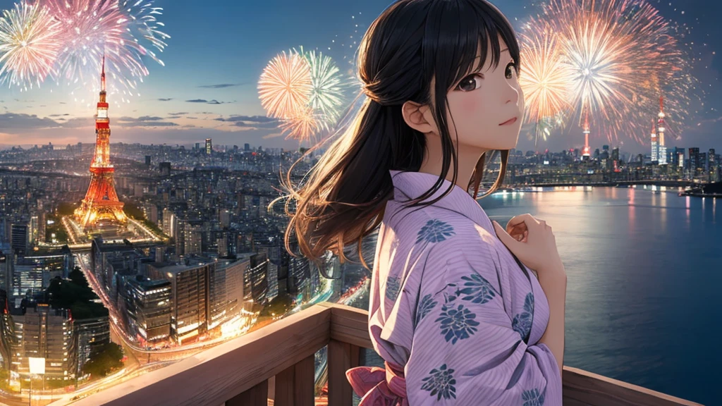 Shiraishi Mei, Looks exactly like Shiraishi Mei、solo、Chignon hairstyle、Time is night、Tokyo Tower in the background、Big fireworks、Oceanの方を向いている後ろ姿、Woman looking up at the sky ,Long Hair, Black Hair,, Photo from the side, Realistic, Highest quality, Detailed face, , Ocean, Embankment, Detailed Background,, Written boundary depth, Bokeh (Highest quality: 1.2), (masterpiece: 1.2), Watch Viewer, yukata ,Vision、(((Panorama:1.2)))