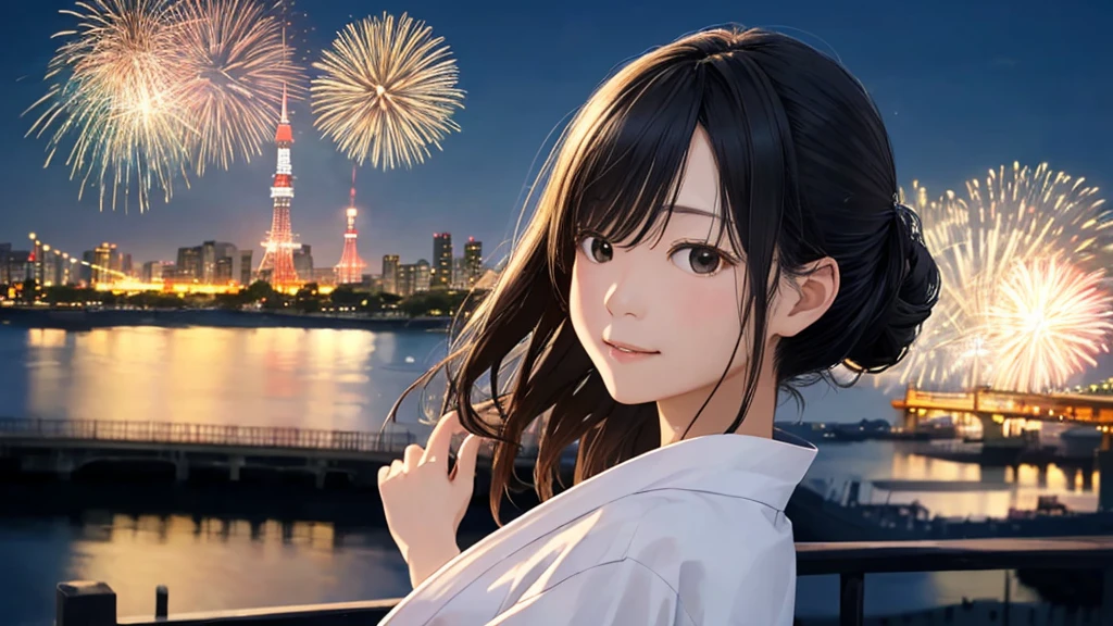 Shiraishi Mei, Looks exactly like Shiraishi Mei、solo、Chignon hairstyle、Time is night、Tokyo Tower in the background、Big fireworks、Oceanの方を向いている後ろ姿、Woman looking up at the sky ,Long Hair,  Black Hair,, Photo from the side, Realistic, Highest quality, Detailed face, , Ocean, Embankment, Detailed Background,, Written boundary depth, Bokeh (Highest quality: 1.2), (masterpiece: 1.2), Watch Viewer, yukata ,Vision、(((Panorama:1.2)))
