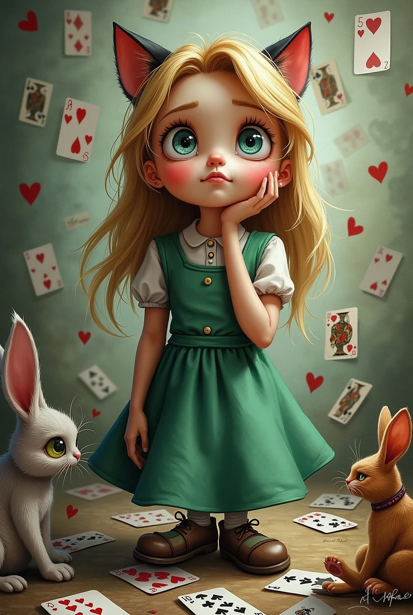 Draw a full-body portrait of Alice in Alice in Wonderland to capture a moment of deep contemplation. Her expression should be a mixture of curiosity and a hint of unease, as if she is deeply questioning reality and her place in it. Her large eyes should be wide open, reflecting a surreal world surrounded by playing cards. A smiling Cheshire cat, a clock, the Queen of Hearts, a caterpillar, a white rabbit, playing cards, inside Wonderland, etc. Lighting should be soft yet dramatic, casting gentle shadows that emphasise the depth of her thoughts. Her hair is slightly dishevelled, as if she has been on a long journey, and her iconic green catsuit is slightly slanted, adding to the pensive feel. The colour palette is a mix of soft pastels and dark, introspective tones, creating a balance between innocence and the complexity of her thoughts.