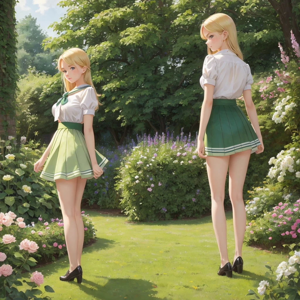 3 girls, long hair, Big breasts , Blushing, blond, Green-eyed sailor suit short skirt 1933 style cute and beautiful girl 18 years old in the garden beautiful long legs high resolution, best quality, masterpiece, Lift skirt mini skirt take off clothes View from the side