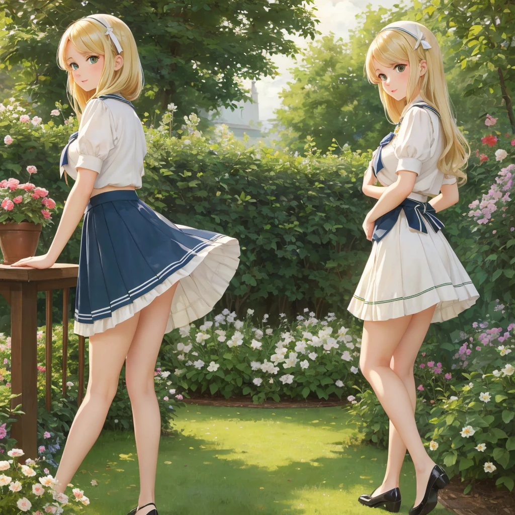 3 girls, long hair, Big breasts , Blushing, blond, Green-eyed sailor suit short skirt 1933 style cute and beautiful girl 18 years old in the garden beautiful long legs high resolution, best quality, masterpiece, Lift skirt mini skirt take off clothes View from the side