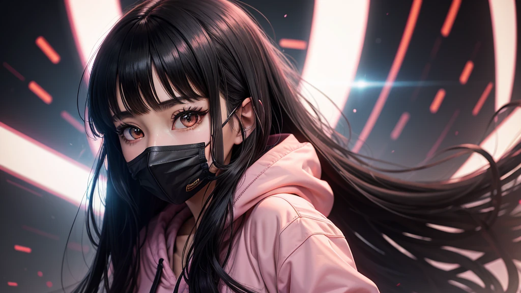 Clear photo, 8k ,Beautiful girl, young girl,((Anime girl)), ((red big eyes)), ((black long hair with bangs)), ((medical mask on mouth)), in a pink hoodie, Background: blurred dark background, close-up, from the first faces, neon lighting,