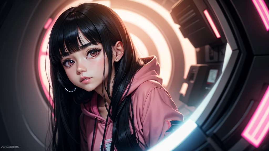 Clear photo, 8k ,Beautiful girl, young girl,((Anime girl)), ((red big eyes)), ((black long hair with bangs)), ((medical mask on mouth)), in a pink hoodie, Background: blurred dark background, close-up, from the first faces, neon lighting,