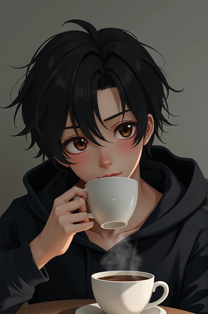 Boy with black long hair brown eyes white skin 
wear black hudi and drink a coffee