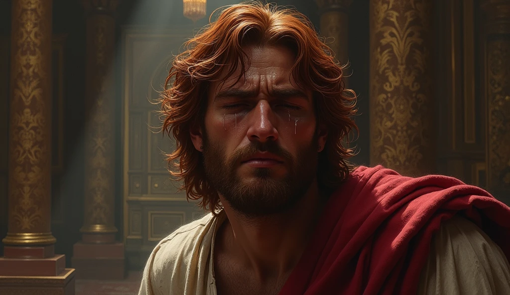 create: "NON-YOUTUBE VIDEO LAYER"
a man named king david who was red-haired, with tears in their eyes crying and very sad in their palace