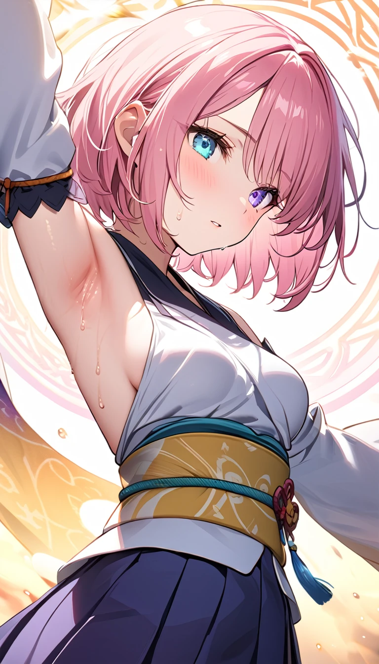 (1 girl),(Best Picture Quality, 8K, Masterpiece:1.3), (high school student:1.5), ((pink lob hair:1.1)), (bob cut),(swept bangs), (cute eyes, pupil black, iris skyblue, youthful face), (mole under right eye), (standard weight), (small breasts), (glistening skin:1.3),(pale skin:1.2),(sweaty skin:1.2),BREAK YunaX, heterochromia, detached sleeves, japanese clothes, sash, obi, hakama skirt, purple hakama,BREAK ((showing armpits)),(luminous magic circle ground),BREAK (Summon, Summoning Moment, Summoned Ifrit),(portrait).