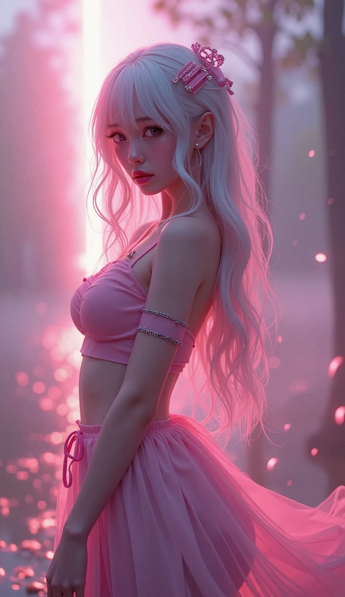 photorealistic,Realistic illustration in Modelshoot style,((masterpiece)),((The best quality)),((Ultra Quality)),((ultra detailed)),((1girl long white hair)),((Only)),((waifu:1.5)),Perfect anatomy,perfect hands,beautiful cuerpo,beautiful_method,ulzzang-6500-v1,e-chica,Exceptionally Beauty Waifu Princess tifa lockhart, wallpaper, landscape, depth of field, night, light particles, light rays, side lighting, thighs, skirt, red eyes, brown hair, thigh high socks, arm sleeves
,((bright-pink_eyes)),long wavy hair,hair clips,eyeliner,cute makeup,lipstick,Glossy lipstick,with a look of terror, worry and sadness,((eyes detallados perfectos)),rainy with fog outside,evening,pink theme,bioluminiscencia,light particles,((Extremely CG Unity 8K Wallpaper)),((cinematic lighting,Best quality lights)),intricate details,Suave,sharp focus,Extremely beautiful and aesthetic,Octane rendering,Full length portrait,damp skin,((Perfect detailed body)),