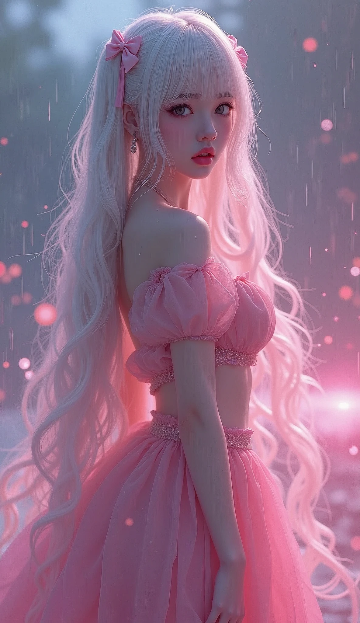 photorealistic,Realistic illustration in Modelshoot style,((masterpiece)),((The best quality)),((Ultra Quality)),((ultra detailed)),((1girl long white hair)),((Only)),((waifu:1.5)),Perfect anatomy,perfect hands,beautiful cuerpo,beautiful_method,ulzzang-6500-v1,e-chica,Exceptionally Beauty Waifu Princess tifa lockhart, wallpaper, landscape, depth of field, night, light particles, light rays, side lighting, thighs, skirt, red eyes, brown hair, thigh high socks, arm sleeves
,((bright-pink_eyes)),long wavy hair,hair clips,eyeliner,cute makeup,lipstick,Glossy lipstick,with a look of terror, worry and sadness,((eyes detallados perfectos)),rainy with fog outside,evening,pink theme,bioluminiscencia,light particles,((Extremely CG Unity 8K Wallpaper)),((cinematic lighting,Best quality lights)),intricate details,Suave,sharp focus,Extremely beautiful and aesthetic,Octane rendering,Full length portrait,damp skin,((Perfect detailed body)),