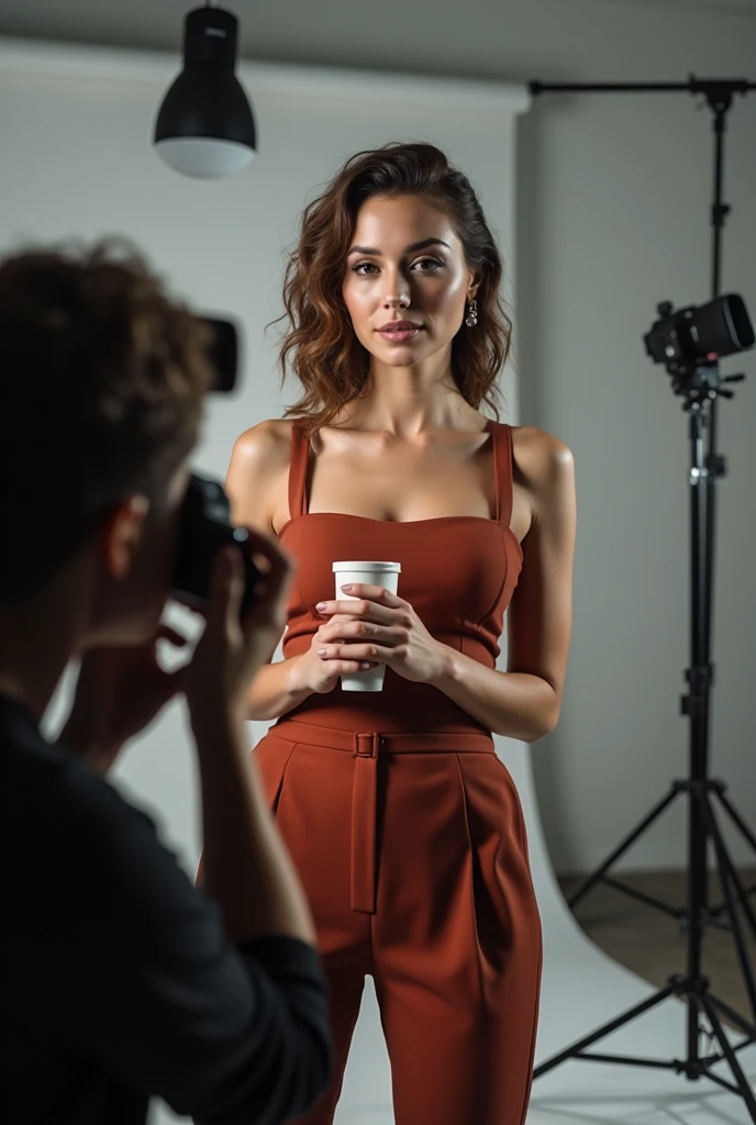A woman is creating fashion content in front of the camera.