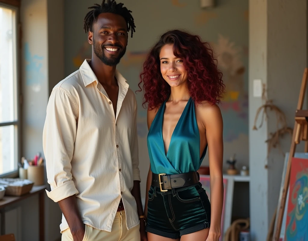 Tall attractive French-Nubian with side part 3c type hair and dark skin, wearing a relaxed cream shirt and complementary pants, holding a paintbrush, standing next to a much shorter pale young woman in a paint studio. The man has a kind expression; the woman has a soft smile, vibrant maroon layered wavy chest-length hair, wearing a sapphire blue silk halter top, black velvet shorts with a green sheen, a thick black belt, and red wedge sandals.
