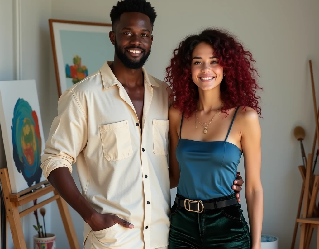 Tall attractive French-Nubian with side part 3c type hair and dark skin, wearing a relaxed cream shirt and complementary pants, holding a paintbrush, standing next to a much shorter pale young woman in a paint studio. The man has a kind expression; the woman has a soft smile, vibrant maroon layered wavy chest-length hair, wearing a sapphire blue silk halter top, black velvet shorts with a green sheen, a thick black belt, and red wedge sandals.