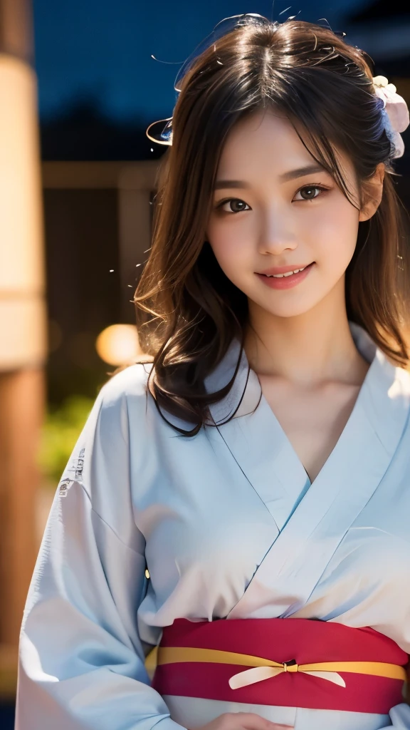 8k,Highest quality,(masterpiece:1.2),(Realistic),(Realistic:1.37),Ultra-high resolution,1 female college student,festival,night,smile,Beautiful Eyes,(((Cute Yukata))),Perfect body,Perfect Fingers,Professional Lighting,gravure,Detailed face and skin texture,fine grain,RAW Photos