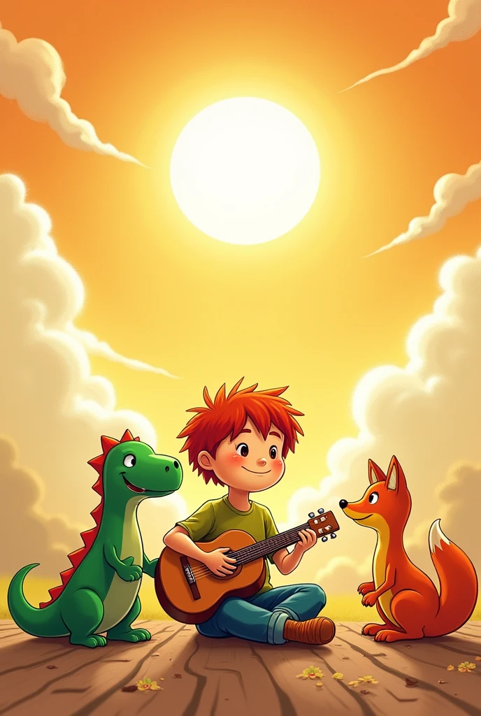 Drawing illustration of a red-haired boy, sitting on the floor, playing guitar, on his right side a green dinosaur, on his left side an orange fox with an orange background of sun and clouds