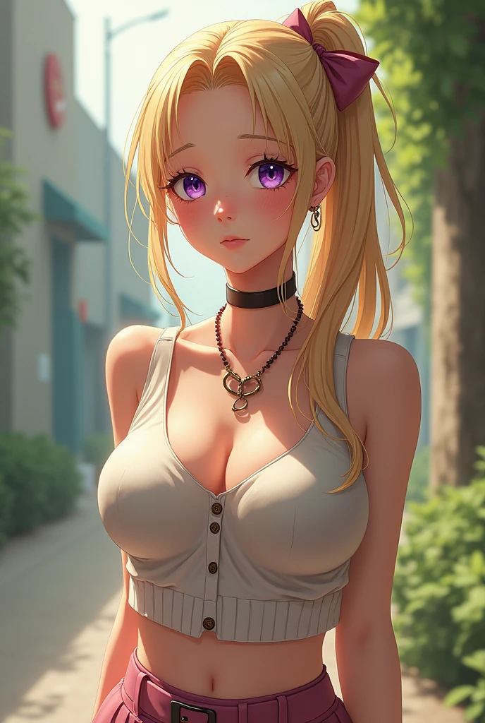 masterpiece, (Highest quality), 1 Female,One girl ,One boy,,Kawakami_May,    Blonde,  Long Hair, Side Ponytail,  Purple eyes, Sweater vest,  ,   skirt, Large Breasts,ribbon, hair ribbon, Mole under the eye,Sexy Woman, Embarrassing,blush,    Vibrant colors ,,Natural light  ,RTTX 10.0,  , beautiful, (Detailed face:1.2), Showcase, (Perfect Eyes:1.1) ,(Realistic:1.1), 8K Ultra HD,  View your viewers, Outdoor,  Simple Background、naked