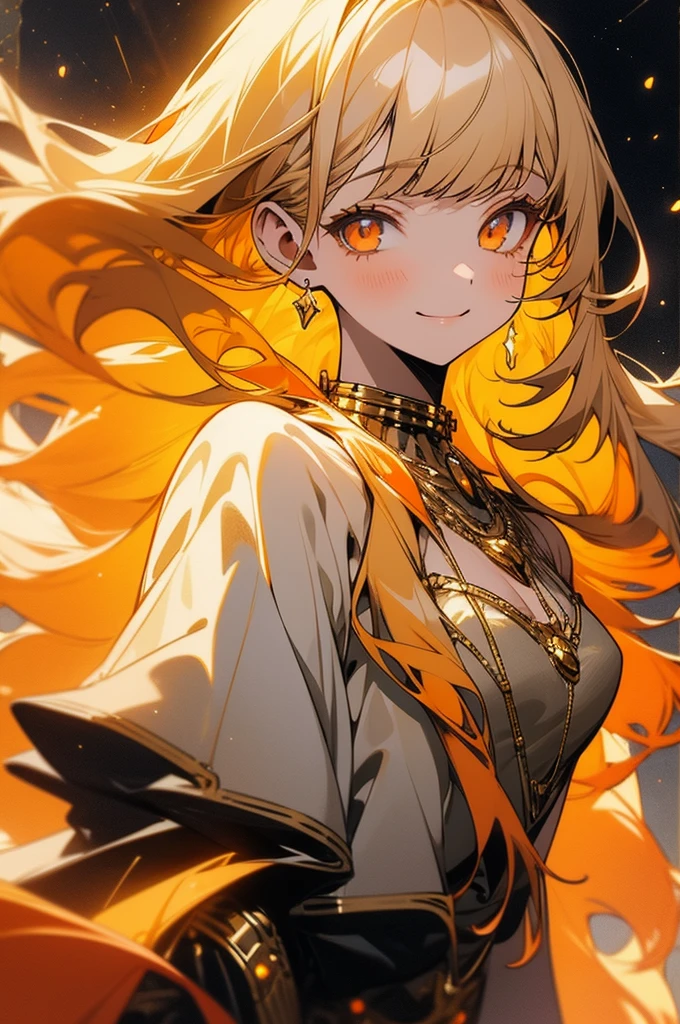 1 girl, gray-orange eyes, light yellow hair with orange strands, long hair with straight bangs, dressed in a light orange strapless dress, neckline, medium chest, looks at the viewer, sly look, sly smile, gold necklace around her neck, against the background of the cosmic sky, the sun is nearby, beautiful, detailed, delicate tones