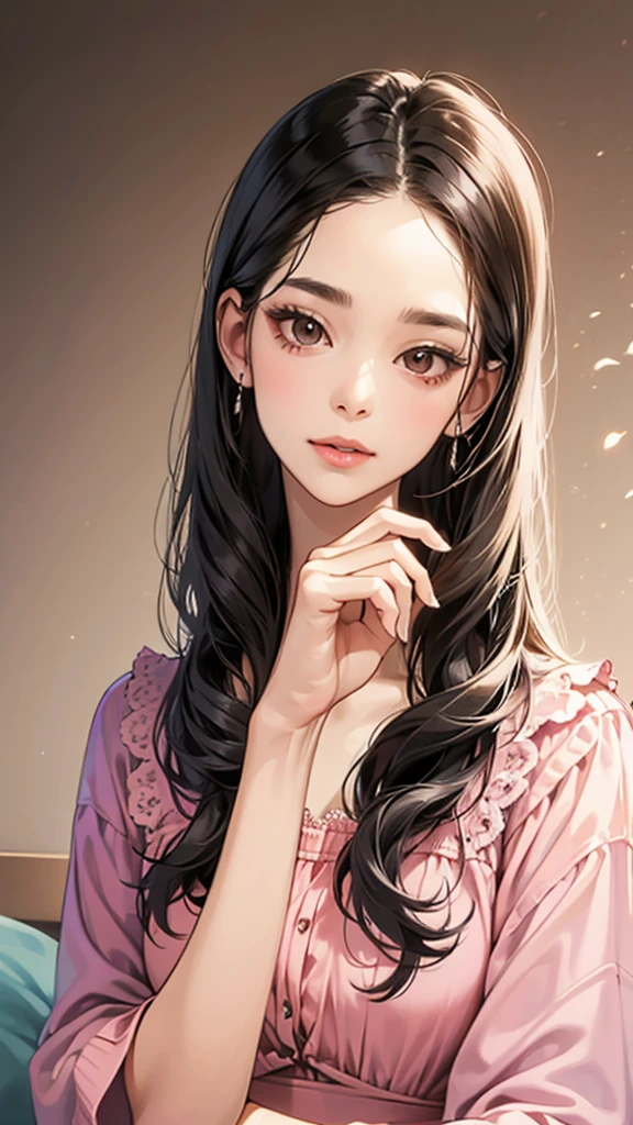 girl, long straight black hair, brown eyes, Sharp features, white skin, pink lips, perfect, fashion clothes