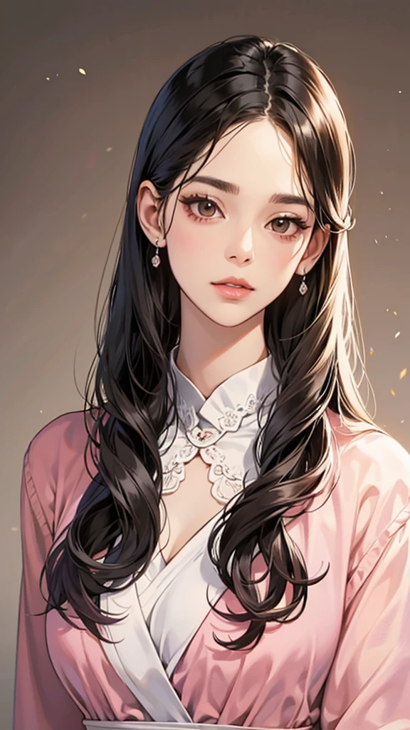 girl, long straight black hair, brown eyes, Sharp features, white skin, pink lips, perfect, fashion clothes