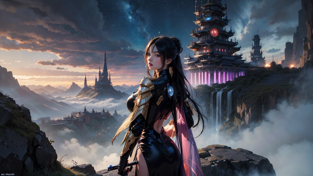 high quality, highly detailed, Picture an imaginative illustration inspired by the fusion of Gustav Doré, Yuko Higuchi, and Syd Mead, theme revolve around a fantastical cityscape where mythical creatures coexist with futuristic elements, creating a harmonious blend of the past, present, and future, The color palette be a dynamic fusion of Doré's classical monochromes, Higuchi's playful and vibrant hues, and Mead's sleek and futuristic tones, This collaborative masterpiece would be a visual journey through a world where the boundaries of time and genre seamlessly dissolve, inviting viewers to explore the richness of a cross-temporal and fantastical narrative, by yukisakura, high detailed,