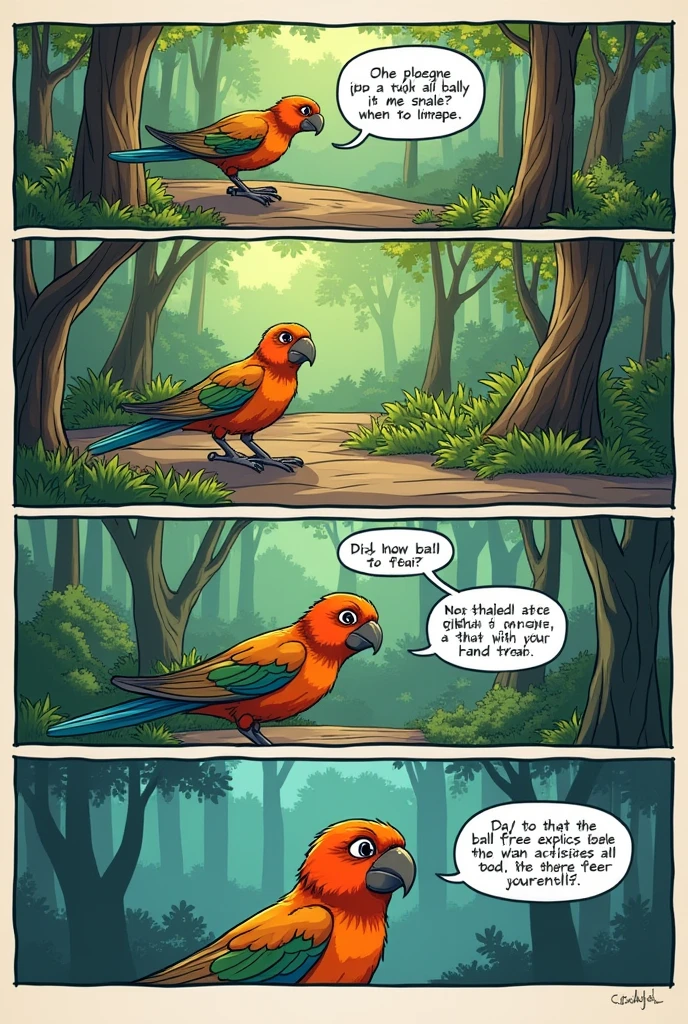 Title: "The Journey of the Little Friend"
Quadrinho 1:
Scenario: A lush forest. A small colorful bird is happily hopping on a branch.
Dialogue: small bird: "Ah, what a beautiful morning! I'm going to look for seeds for breakfast!”
Panel 2:
Scenario: A group of people in a vehicle disguised as animal transport, with an iron cage inside. The cage is locked and the little bird is inside, with an expression of fear.
Dialogue: Seller (talking to an accomplice): “Today we will make a lot of money selling this rare bird!”
Panel 3:
Scenario: The bird is in an exotic pet store, looking around with a sad expression. The store owner is talking to a customer, looking at the bird with interest.
Dialogue: customer: “This bird is really as rare as they said?”
Seller: "Yes, is a true treasure!”
Panel 4:
Scenario: The same bird is now back in the forest, being released by a group of activists who found the cage. The bird is flying free, with an expression of joy.
Dialogue: Activist 1: “We should never support animal trafficking. They belong to nature, not a business.”
small bird: “Thank you for returning me to my home!