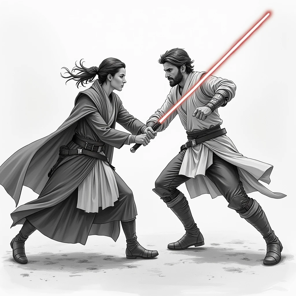 Draw a dynamic composition depicting a female Jedi and a male in a duel.。