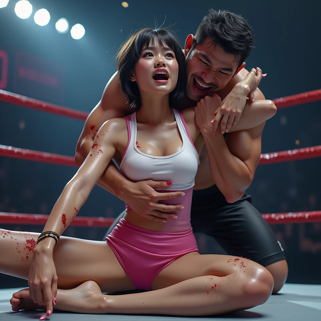 (8k, Realistic, RAW Photos, Highest quality: 1.4),In the pro wrestling ring, the female wrestler is being attacked by a male wrestler who is bigger than her. The female wrestler is a beautiful, slim (Japanese woman, 20-years-old) with shiny very short hair. Her body-hugging, glossy pink and white tank top accentuates her ample bust. She sits with her legs spread wide apart, (her right arm broken by the relentless attack of the male wrestler). ((Unable to bear the pain, she presses her right arm with her left hand and looks up at the sky, letting out a loud scream)). (The violent attack has left her outfit tattered and torn). The male wrestler stands behind the female wrestler, grabbing her neck and choking her viorently. (The female wrestler is closing her eyes with an expression of extreme agony).
