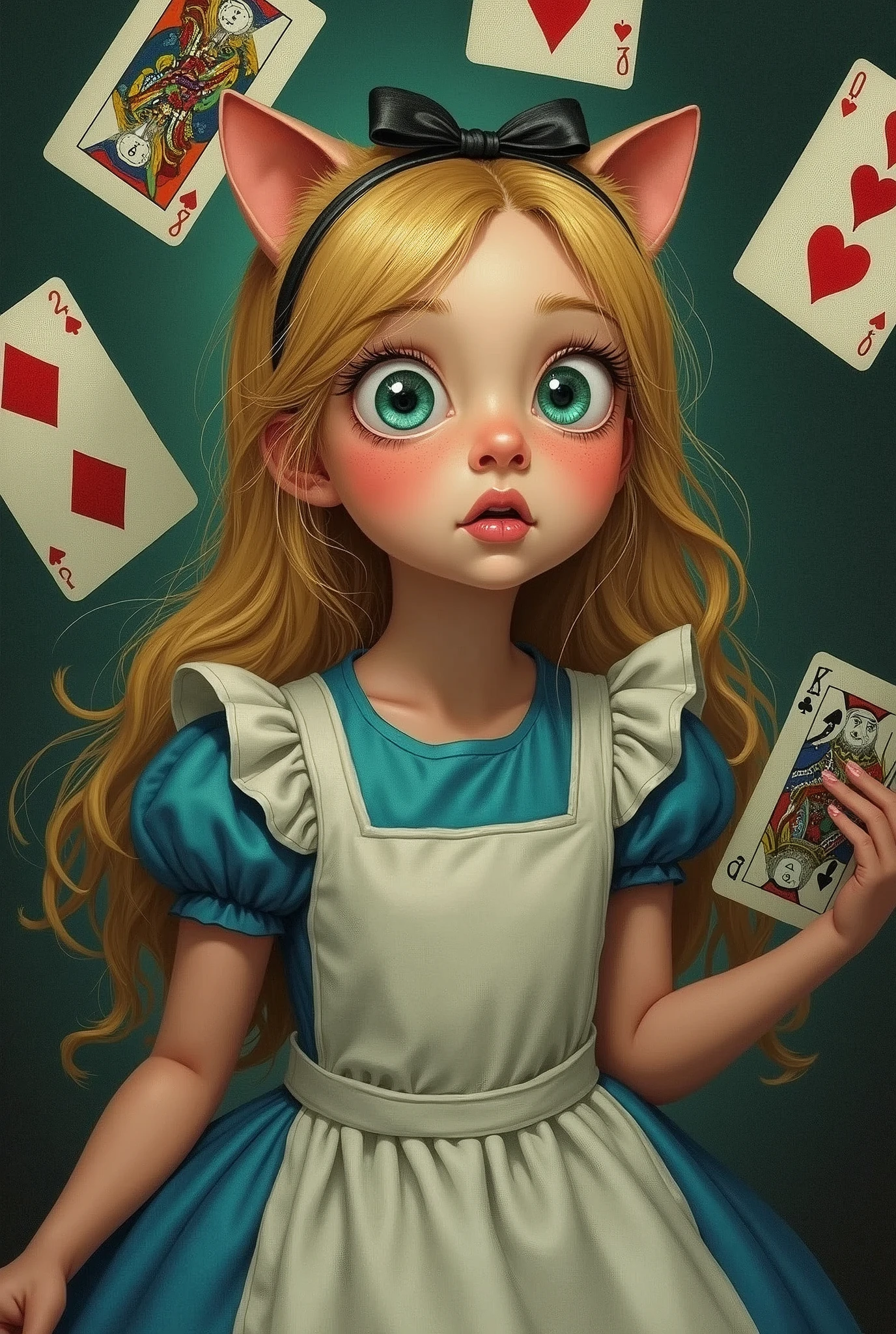 Draw a full-body portrait of Alice in Alice in Wonderland to capture a moment of deep contemplation. Her expression should be a mixture of curiosity and a hint of unease, as if she is deeply questioning reality and her place in it. Her large eyes should be wide open, reflecting a surreal world surrounded by playing cards. A smiling Cheshire cat, a clock, the Queen of Hearts, a caterpillar, a white rabbit, playing cards, inside Wonderland, etc. Lighting should be soft yet dramatic, casting gentle shadows that emphasise the depth of her thoughts. Her hair is slightly dishevelled, as if she has been on a long journey, and her iconic green catsuit is slightly slanted, adding to the pensive feel. The colour palette is a mix of soft pastels and dark, introspective tones, creating a balance between innocence and the complexity of her thoughts.
